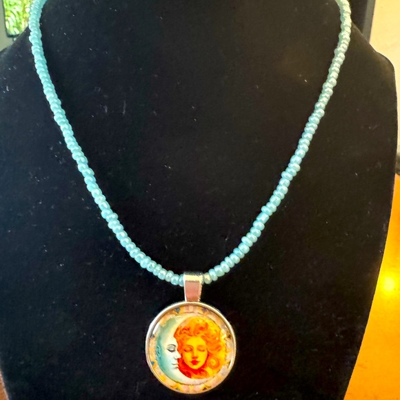 Moon Goddess & Blue Moon Cabochon Silver tone Pendant on Blue Beaded Necklace - Picture 3 of 7